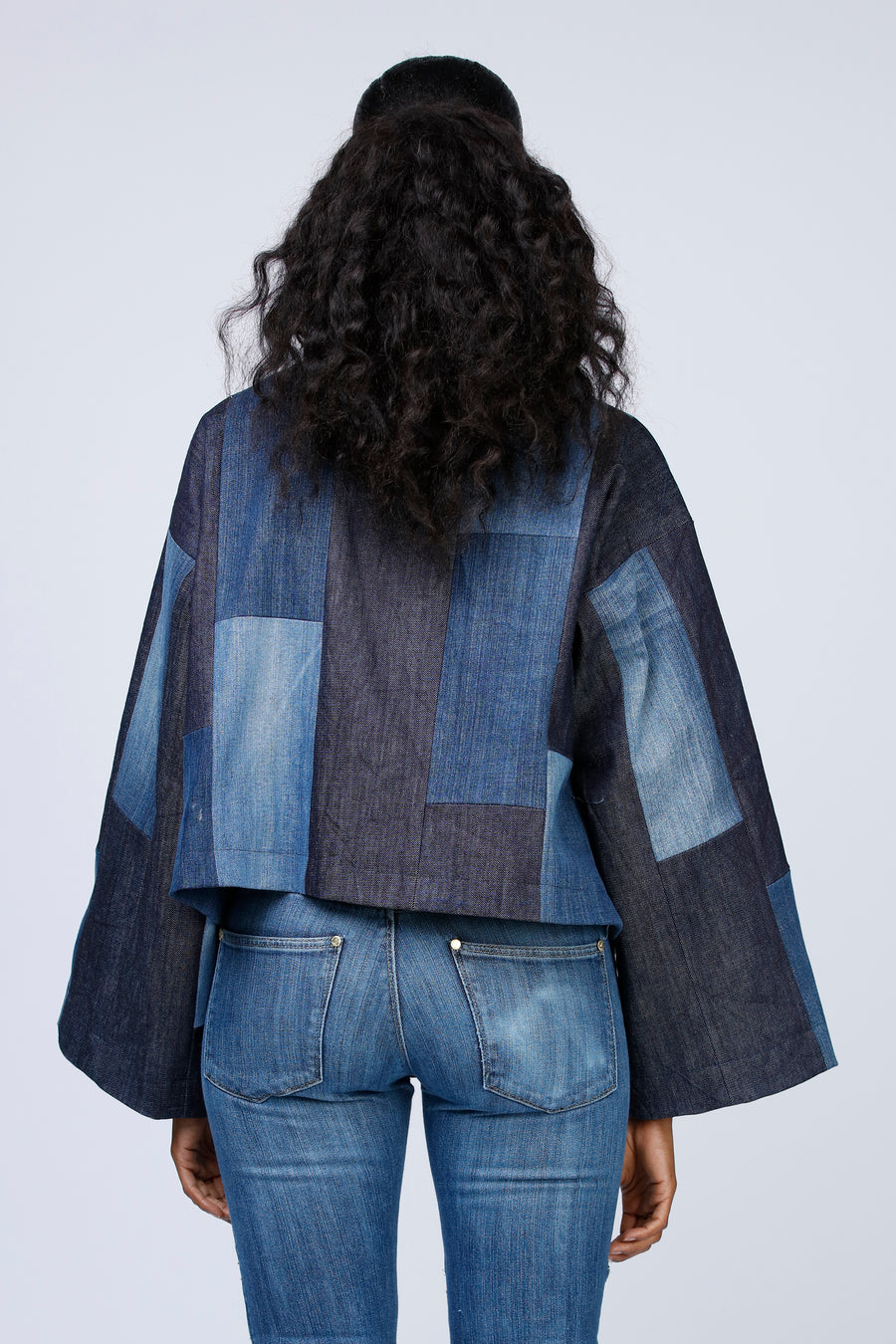 AROLORA Irregular Colorblock Patchwork Denim Jacket Blue / M